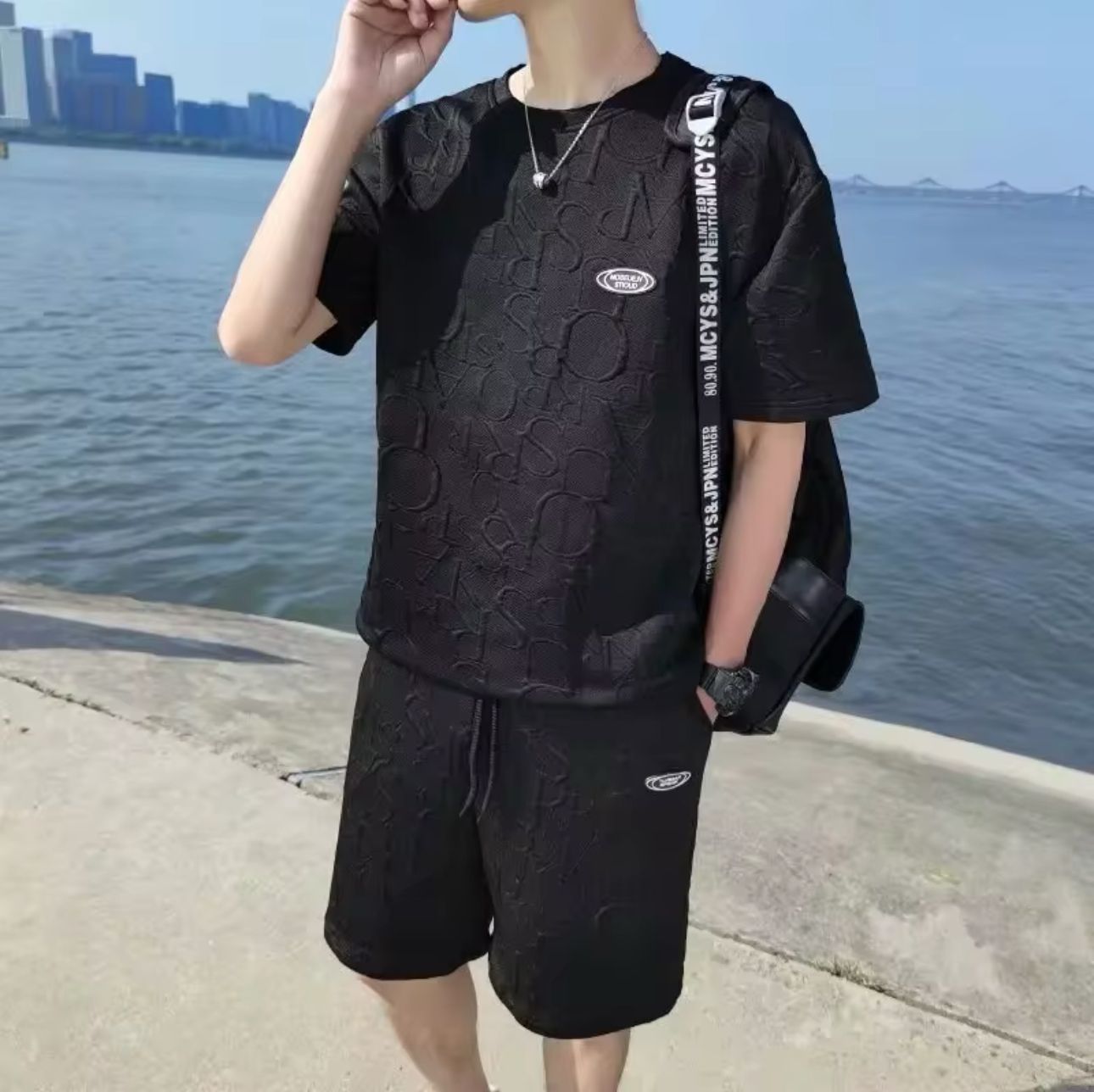 Nico & Eli™ T shirt Shorts 2 Pieces Set Black Tracksuit Men's 3d