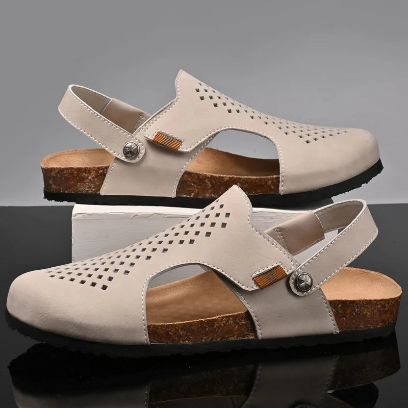 Nico & Eli™ Men’s Lightweight Perforated Cork-Footbed Sandals – Adjustable Breathable Slip-Ons
