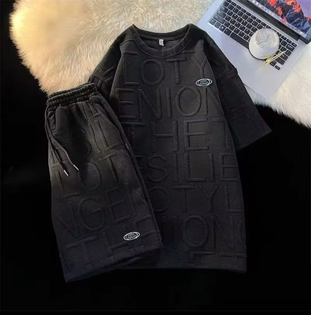 Nico & Eli™ T shirt Shorts 2 Pieces Set Black Tracksuit Men's 3d
