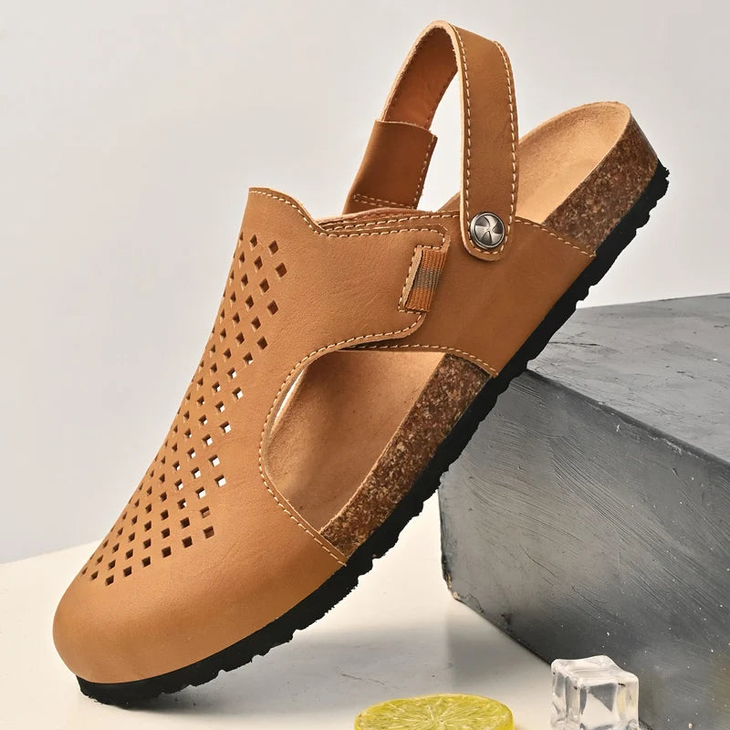 Nico & Eli™ Men’s Lightweight Perforated Cork-Footbed Sandals – Adjustable Breathable Slip-Ons